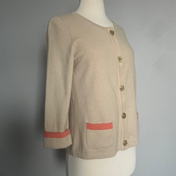 Coach Cashmere Leather Trim Buttoned Turnlock Tan Coral Career Cardigan‎ Sweater - Picture 3 of 12
